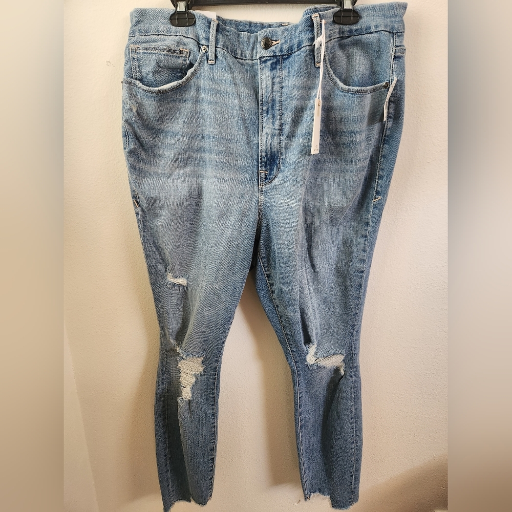 Good‎ American Good Legs Crop Jeans Blue High Rise Slim Distressed Size 20 NWT